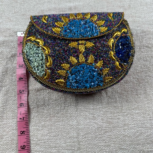 Ramla Handmade Morrocan Multicolor Beaded Clutch, gold colored accents inc chain